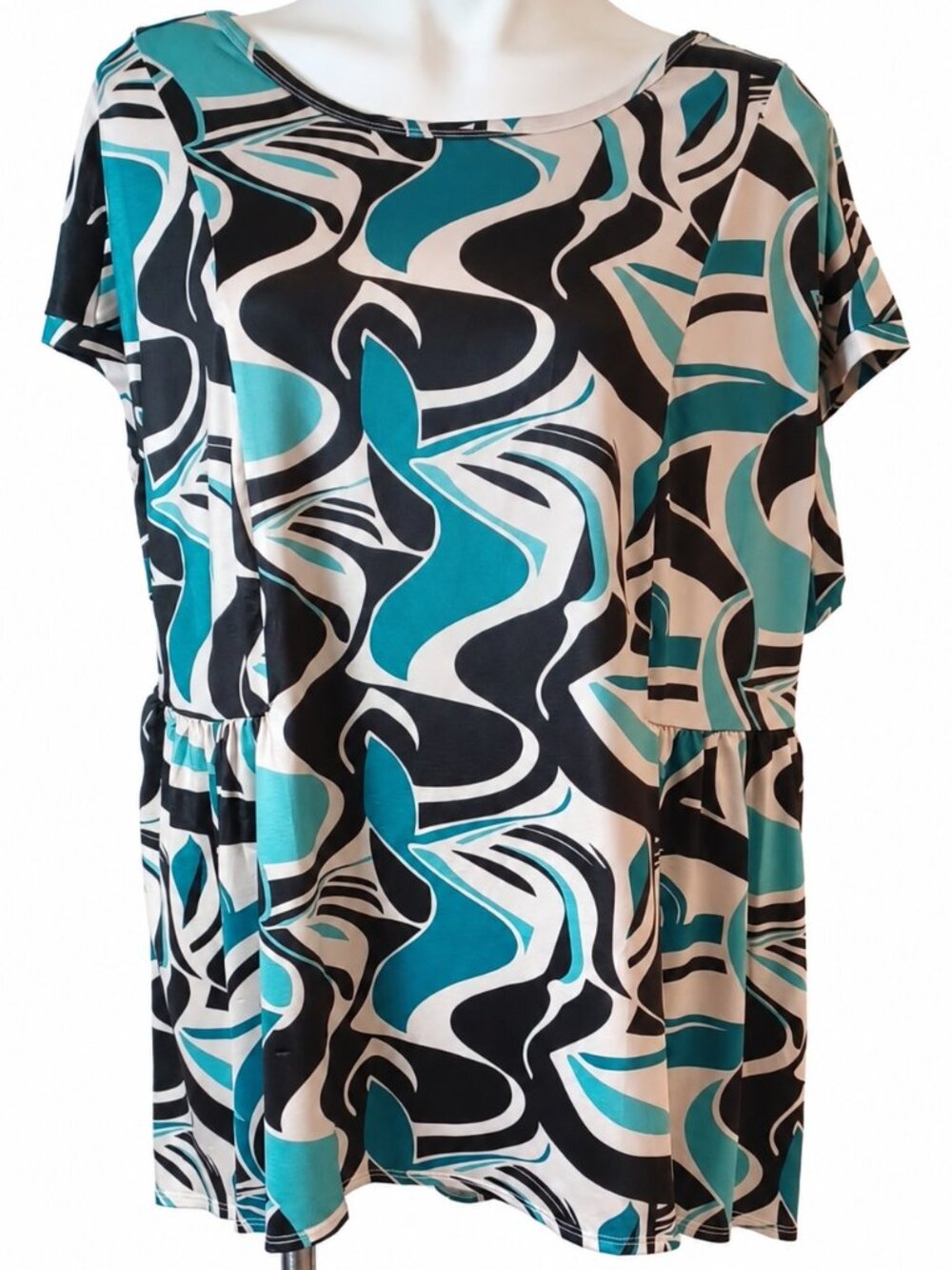 Plus Size 1X Women’s Teal Black Abstract Print Short-Sleeve Drop-Waist Tunic Top